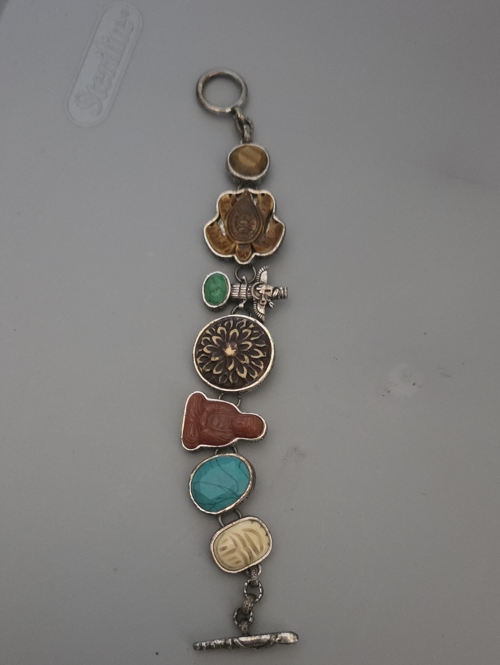 Handmade Mixed-Stone Silver Charm Bracelet in Turquoise, Green, Brown